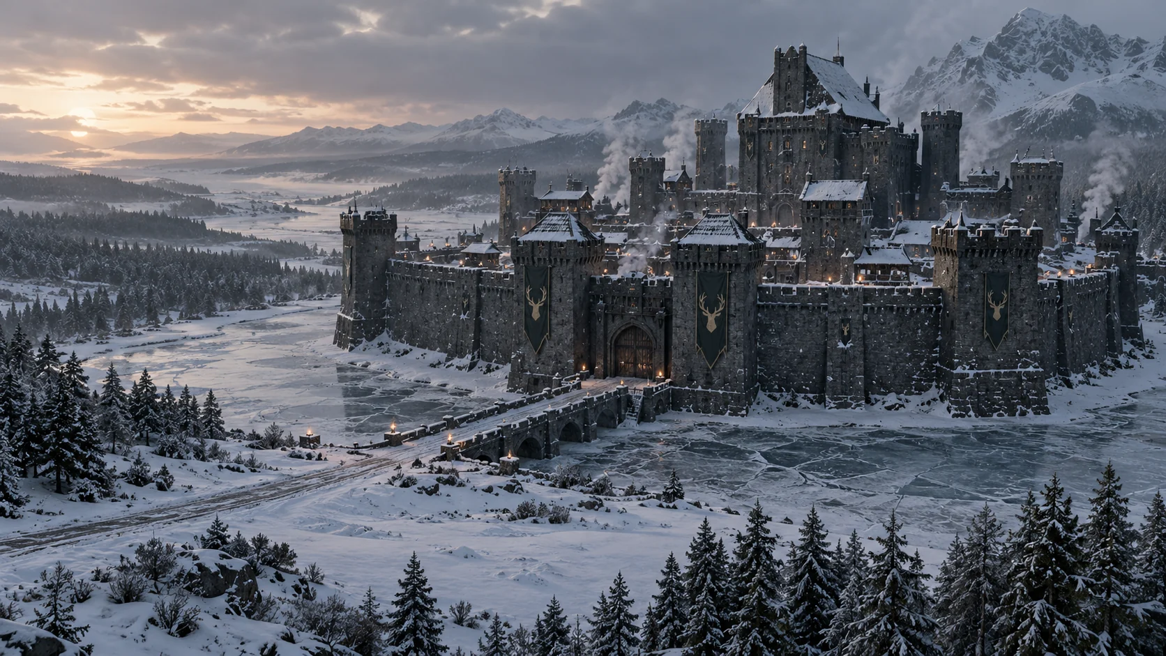 A stone castle stands above a frozen valley.