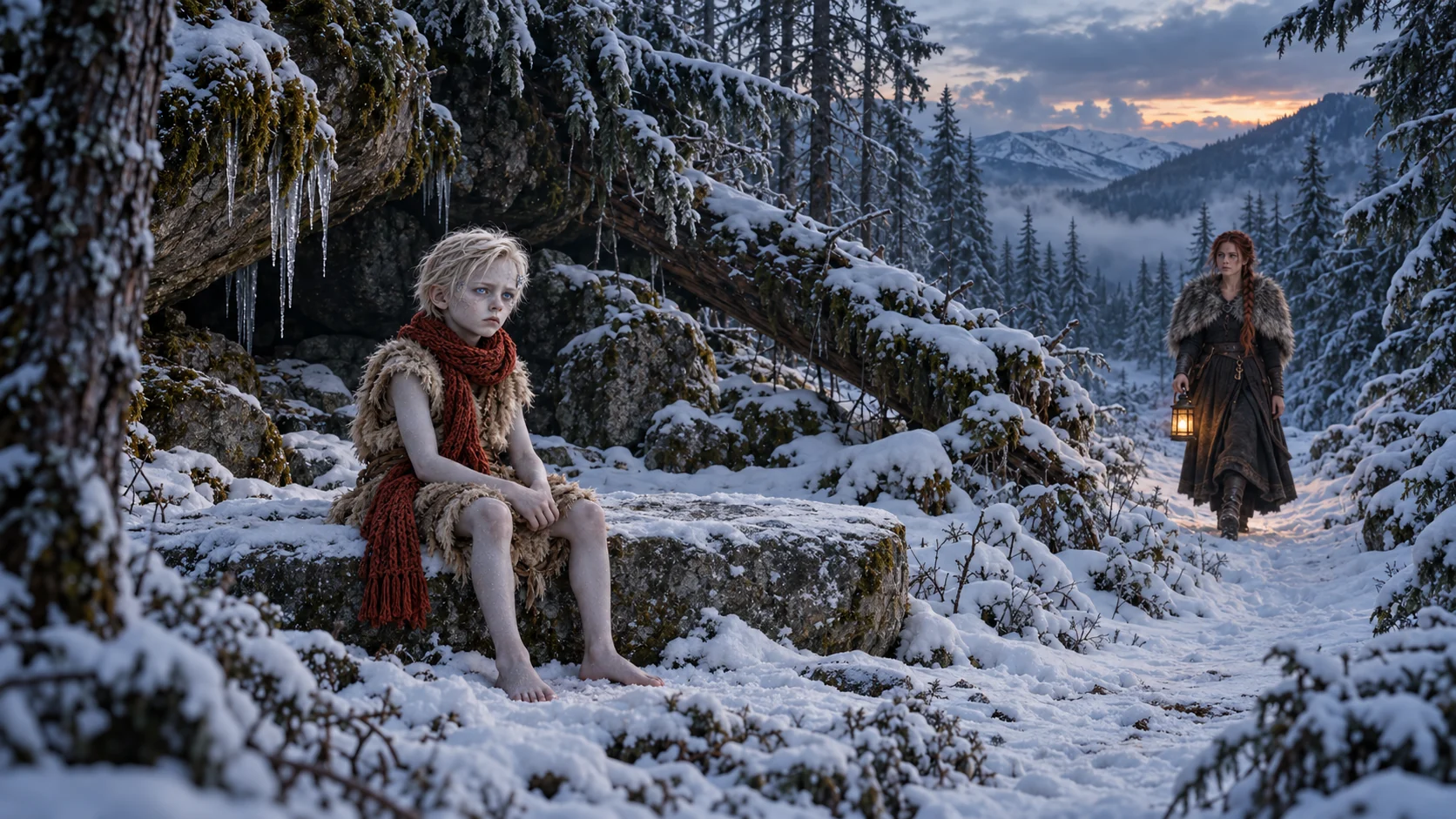 Isen waits in the winter forest as Maren approaches with a lantern.