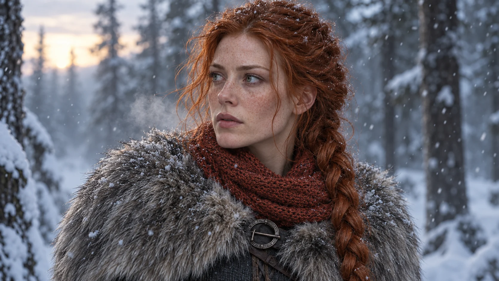 Maren in the winter forest, wearing her rust-red scarf.