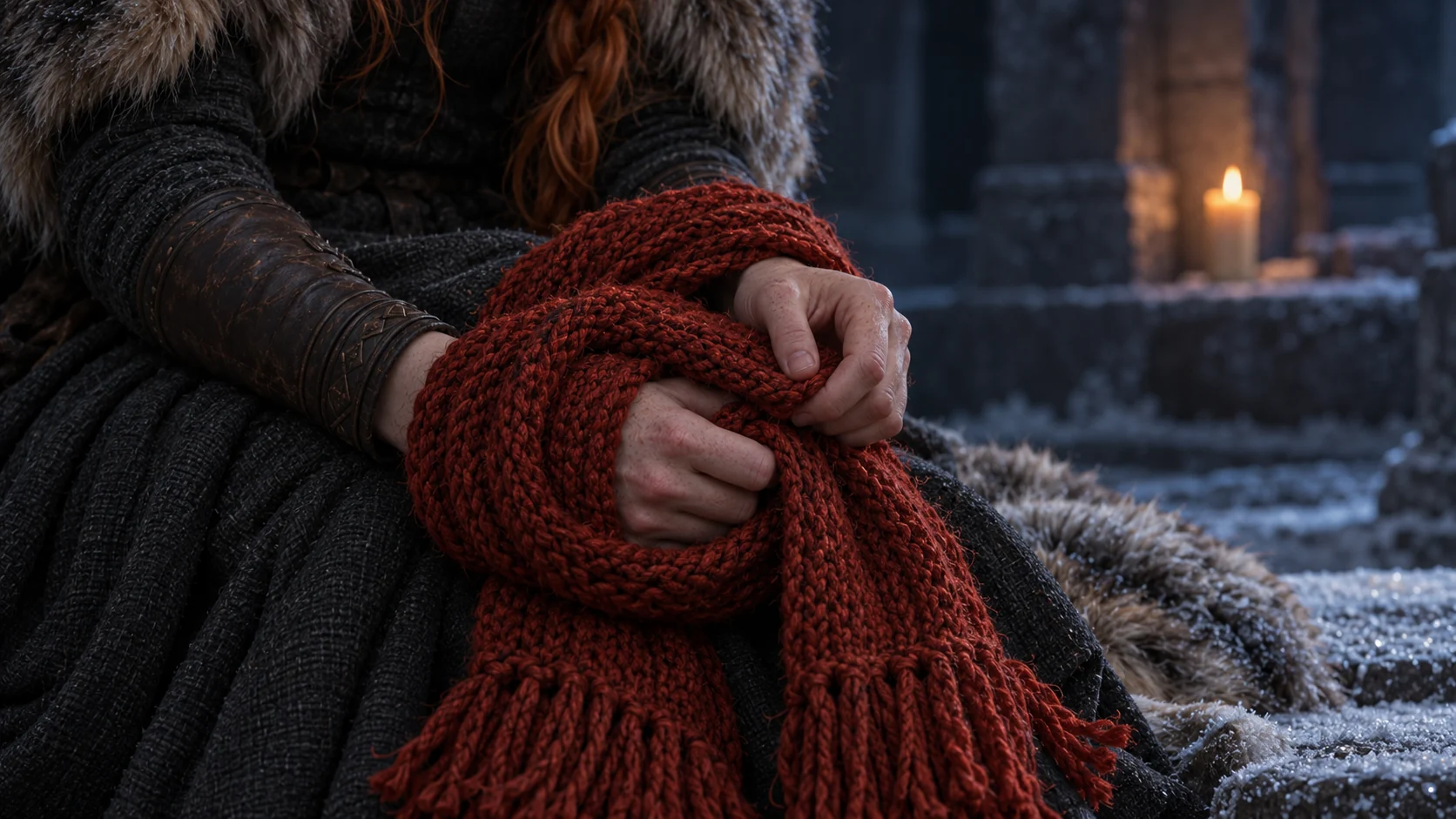 Two hands held together in a red wool scarf.