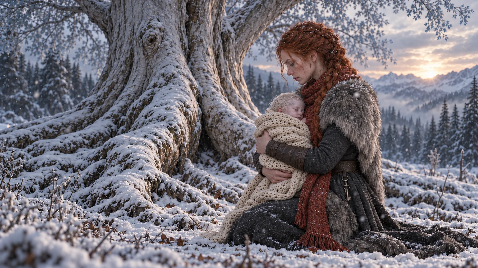 Maren cradles a child beneath the ancient white tree.